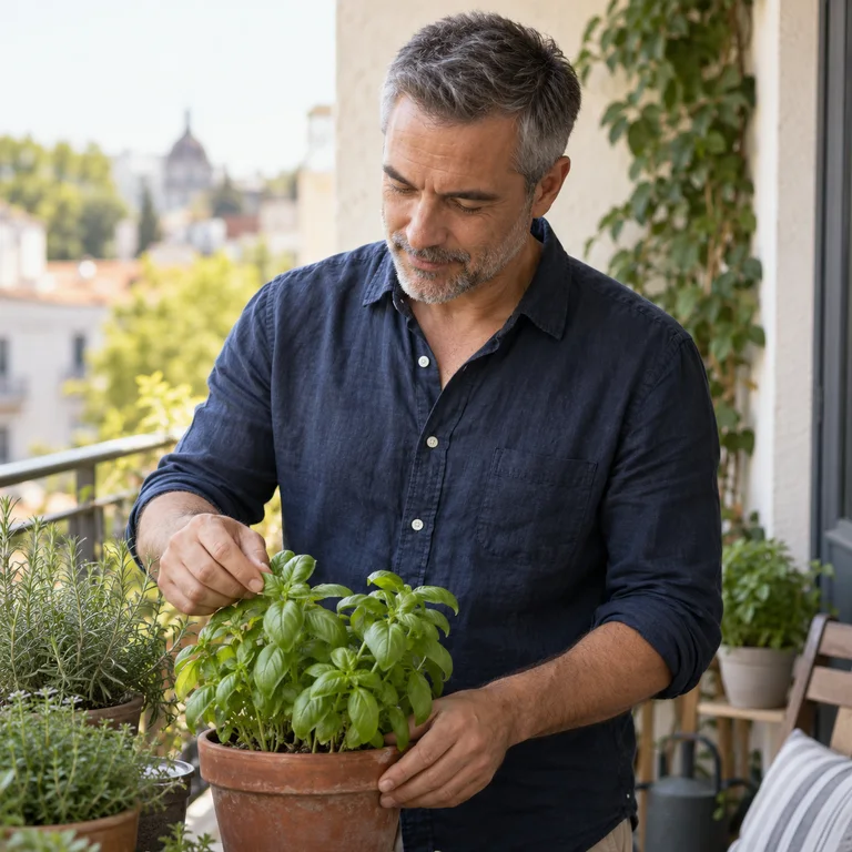 An adult tending herbs on a balcony