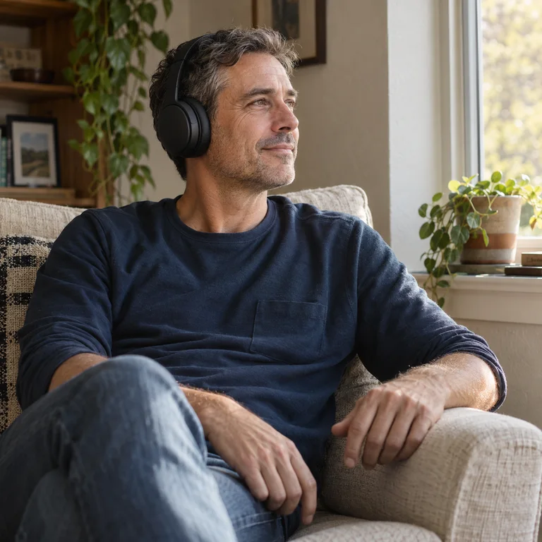 An adult relaxing in an armchair while listening with headphones