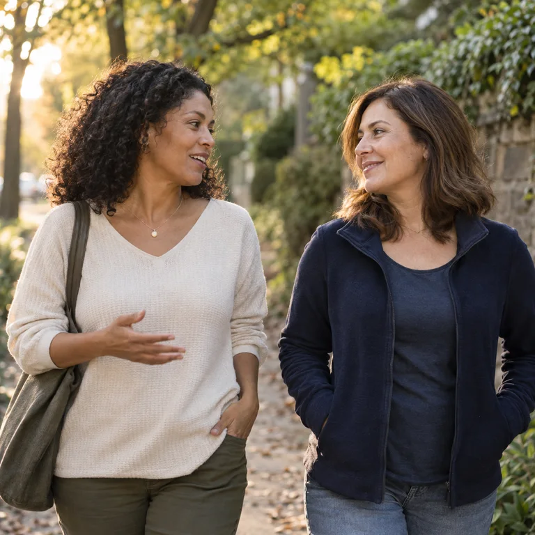 Two adult friends walking and talking outdoors