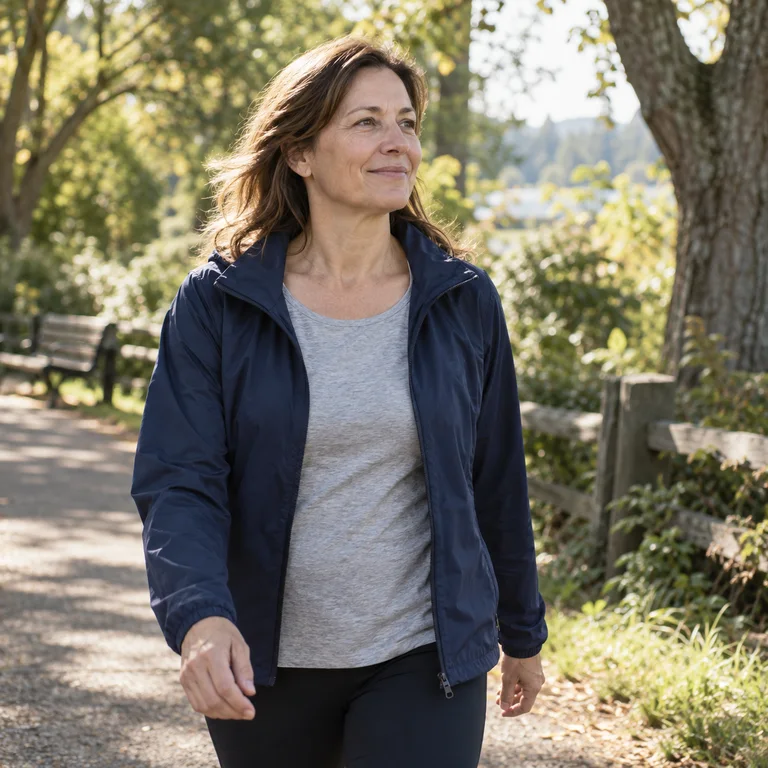 An adult enjoying a brisk walk in the fresh air