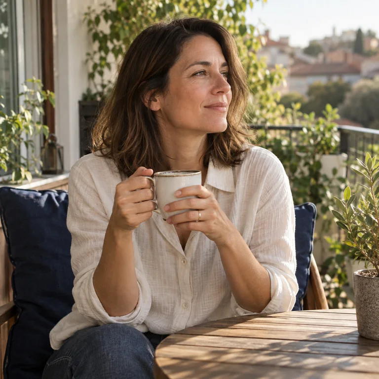 An adult enjoying a quiet coffee on a terrace